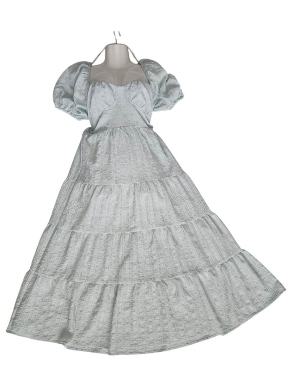 Forever 21 Puff Sleeve Crisscross Tie Back Tiered Skirt Maxi Dress Size Medium - Picture 3 of 13